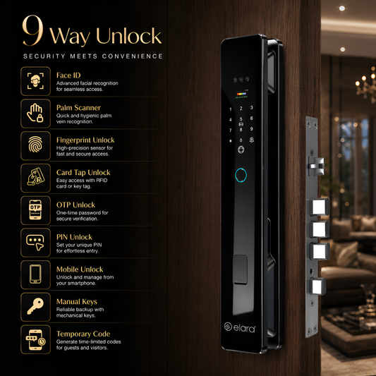Elara Apex Prime Smart Door Lock, HD Display, Camera, Fingerprint, RFID Card Scanner, Pin Unlock, One Touch Lock, LED Light, Alarm Alert, Bluetooth & WiFi, Black,