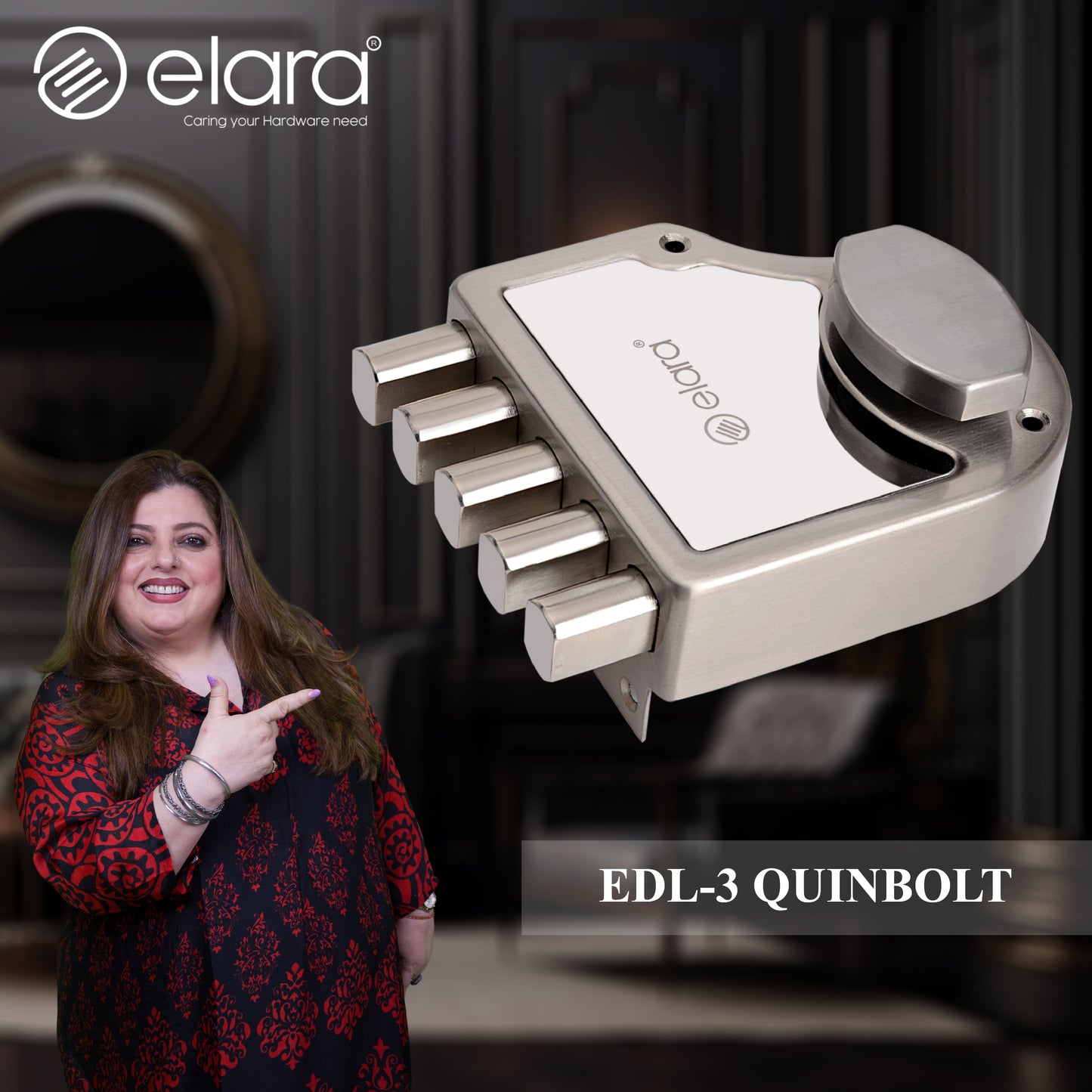 Elara Quinbolt 1CK Deadbolt for Main Door, Suitable for Wooden Doors, Inside Opening Wooden Door Lock with 4 Reversible Brass Keys (Stainless Steel, EDL-03, Quinbolt, Ultra Key).