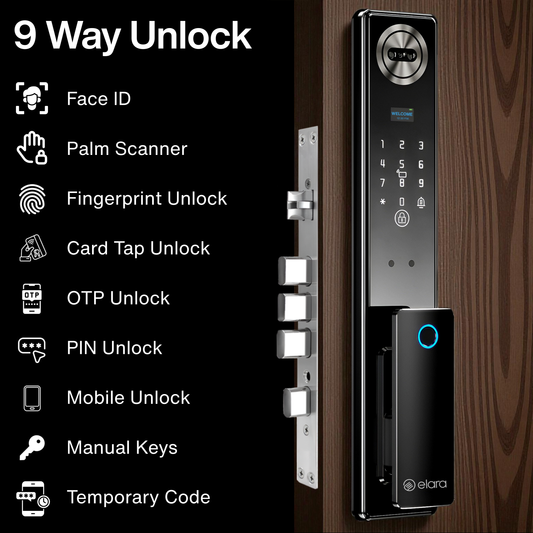 Elara Apex Smart Door Lock, HD Display, Camera, Fingerprint, RFID Card Scanner, Pin Unlock, One Touch Lock, LED Light, Alarm Alert, Bluetooth & WiFi, Black (Apex Edge)