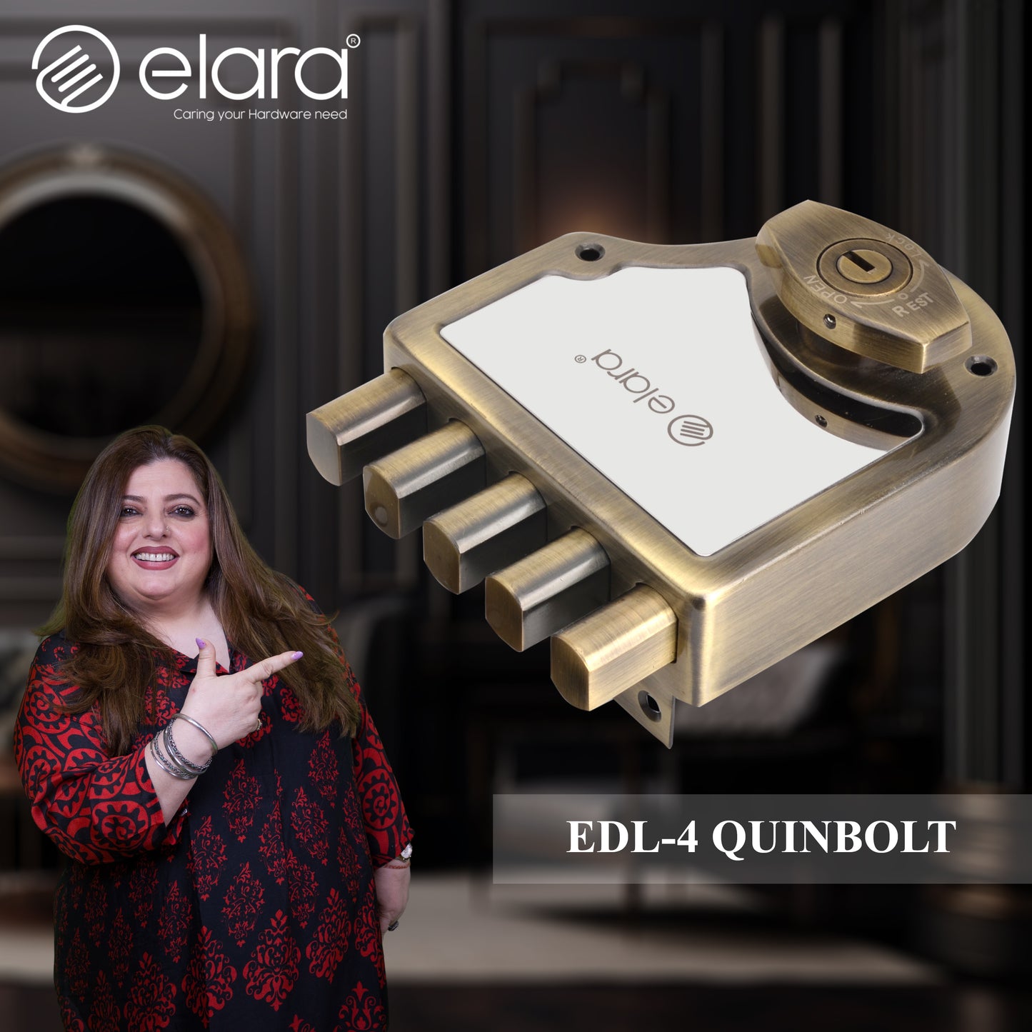Elara Quinbolt 2CK Deadbolt for Main Door, Suitable for Right and Left Handed Doors, Inside Opening Wooden Door Lock with 4 Reversible Brass Keys (Anitique, EDL-04, Quinbolt, Ultra Key)