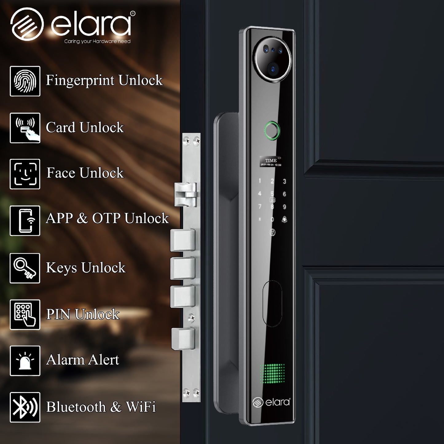 Elara Apex Pro Smart Door Lock, HD Display, Camera, Fingerprint, RFID Card Scanner, Pin Unlock, One Touch Lock, LED Light, Alarm Alert, Bluetooth & WiFi, Black (Apex Pro)