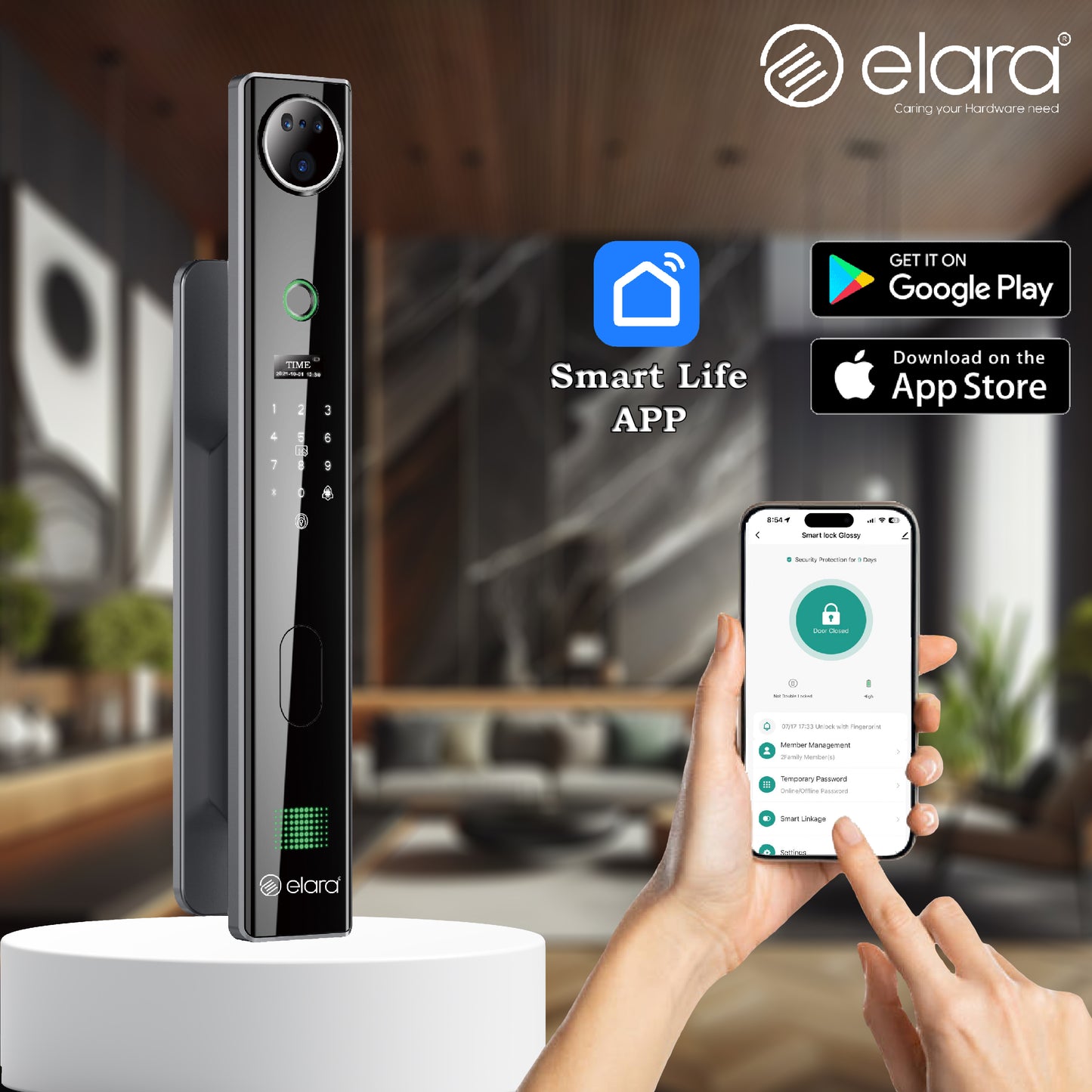 Elara Apex Pro Smart Door Lock, HD Display, Camera, Fingerprint, RFID Card Scanner, Pin Unlock, One Touch Lock, LED Light, Alarm Alert, Bluetooth & WiFi, Black (Apex Pro)