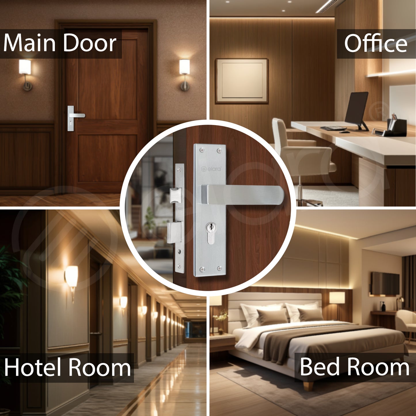 Elara Heavy-Duty Door-Lock Set Main Door Handle Set / Double Action Mortise-Lock with Cylinder, 3 Keys, Brass Lock-Body (ESM-02 8" CY SS Finish)