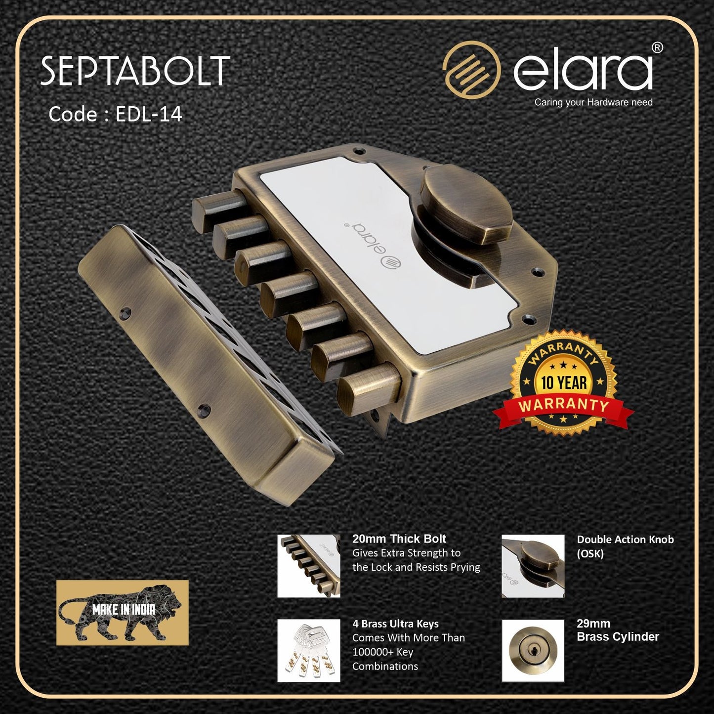 Elara Septabolt 1CK Deadbolt for Main Door, Suitable for Right and Left Handed Doors, Inside Opening Wooden Door Lock with 4 Reversible Brass Keys (EDL-14 Antique, Main Door Locks, Ultra Key)
