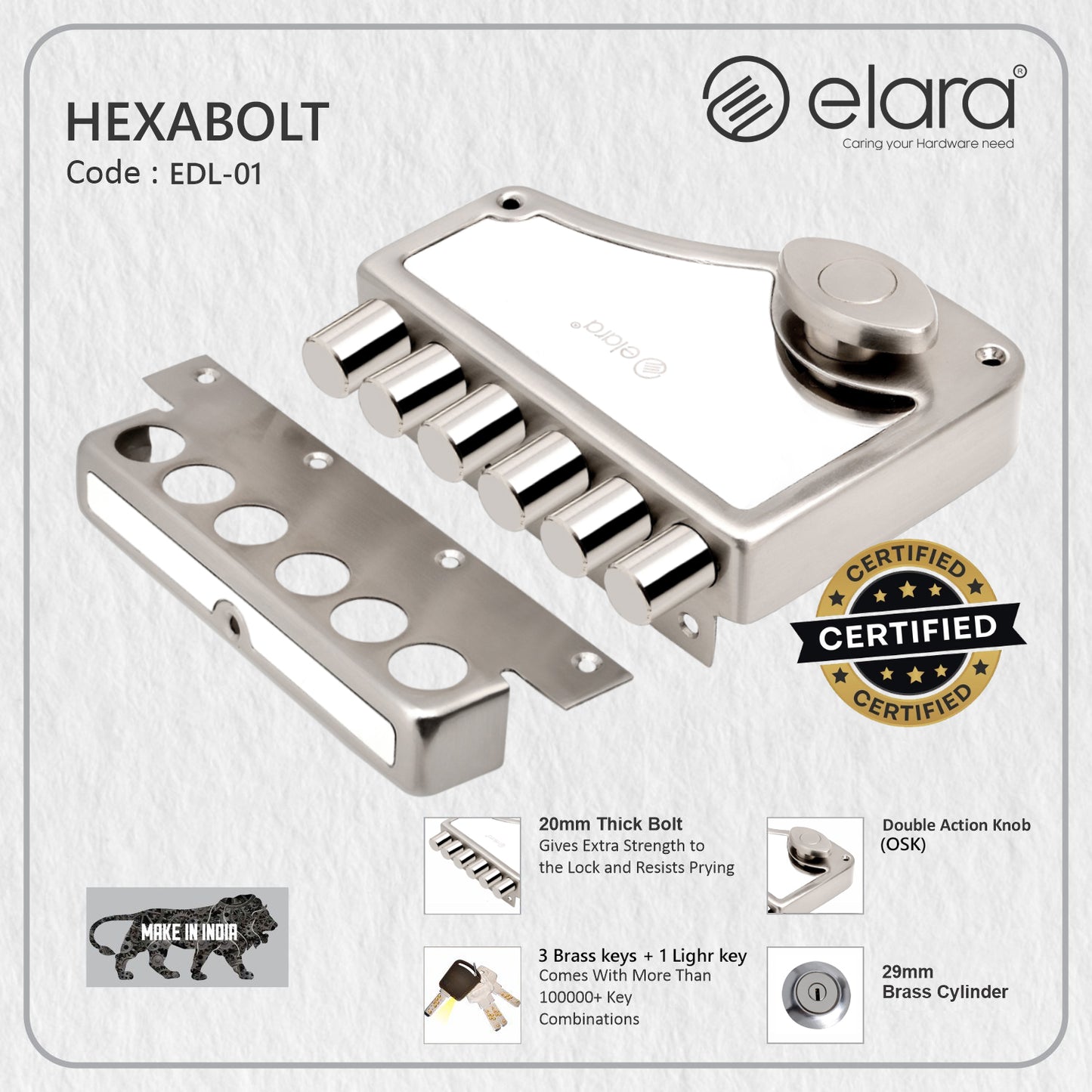 Elara Deadbolt Hexabolt 1CK Door Lock, Rim Lock, Dead Bolt for Home, Door Locks for Main Door with 4 Reversible Brass Keys (Stainless Steel, EDL-01, Hexabolt, Ultra Key)