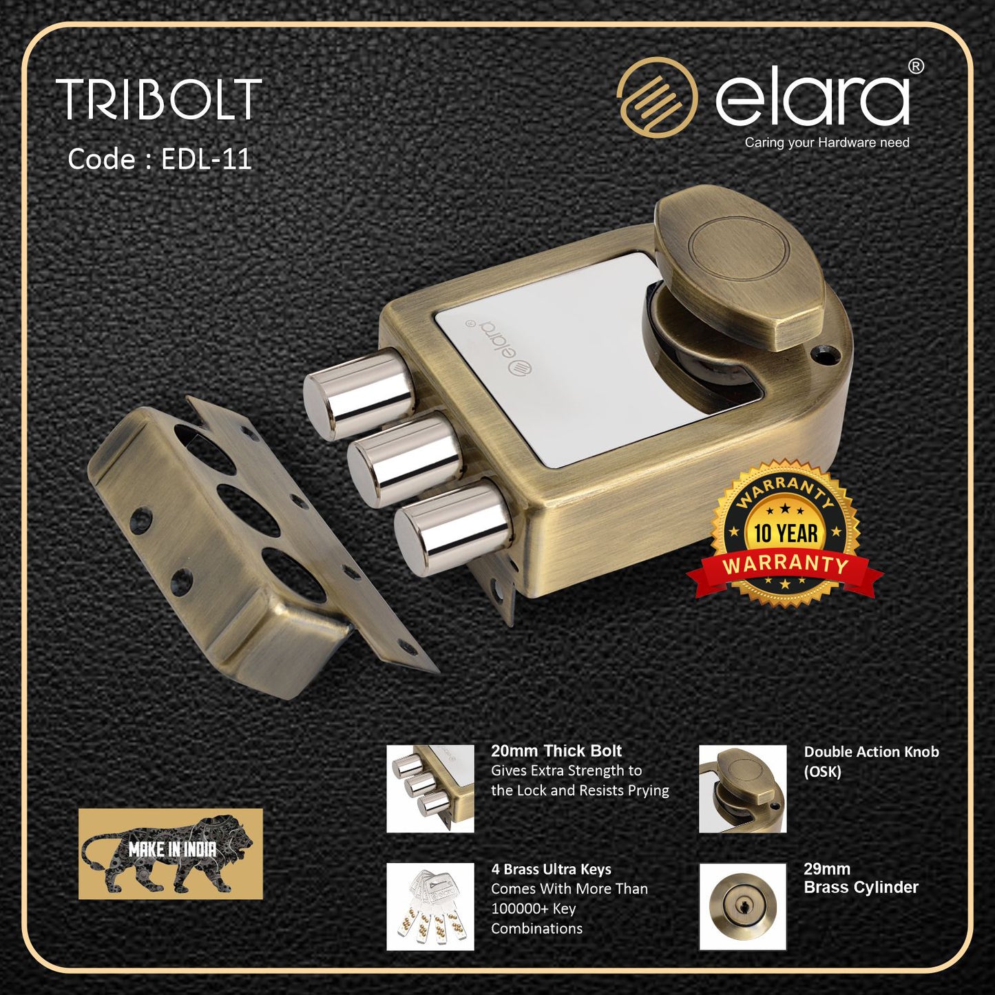 Elara Tribolt 1CK Deadbolt for Main Door, Suitable for Right and Left Handed Doors, Inside Opening Wooden Door Lock with 4 Reversible Brass Keys (Antique Finish, EDL-11, Tri Bolt, Ultra Key)