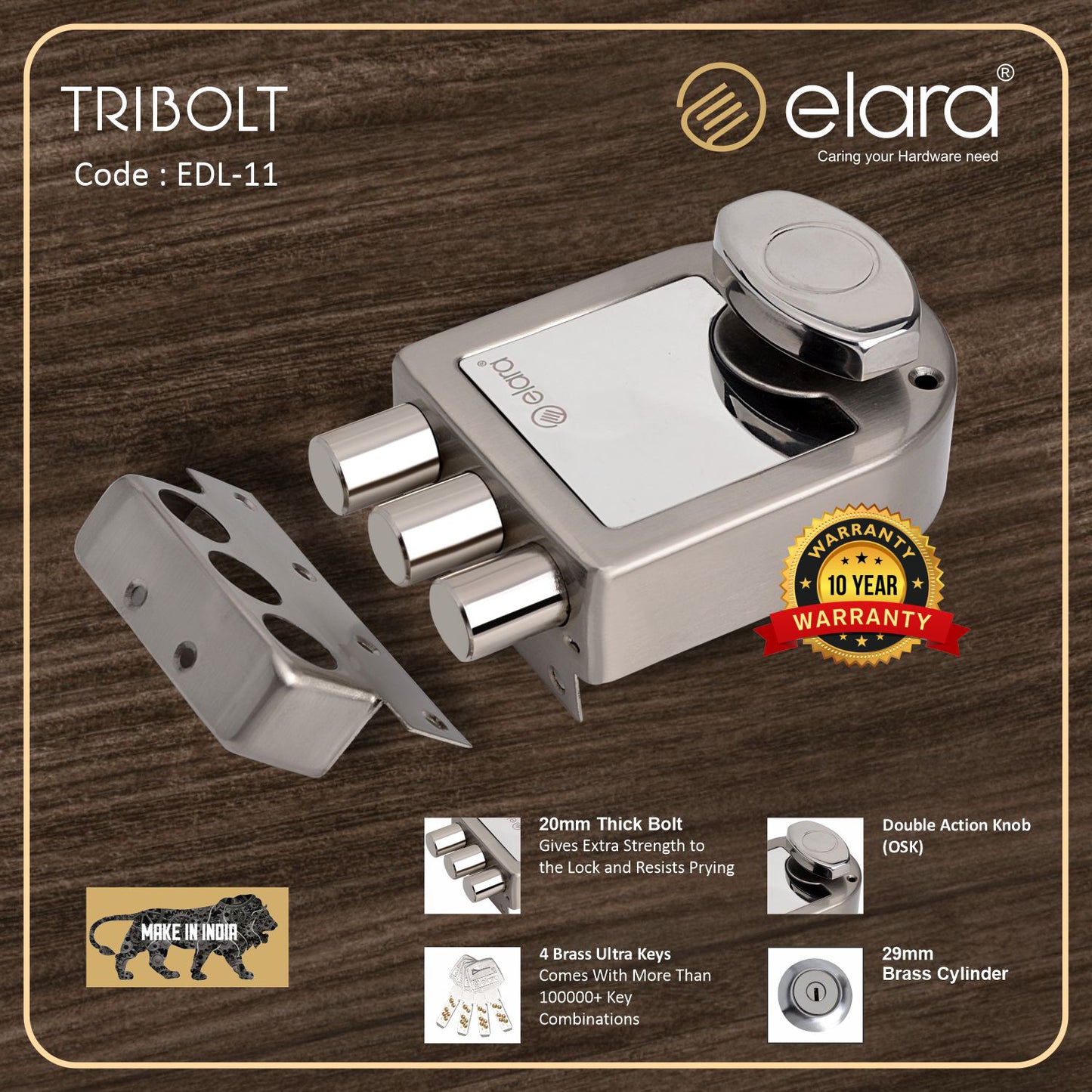 Elara Tribolt 1CK Deadbolt for Main Door, Suitable for Wooden Doors, Inside Opening Wooden Door Lock with 4 Reversible Brass Keys (SS Finish, EDL-11, Tri Bolt, Ultra Key)