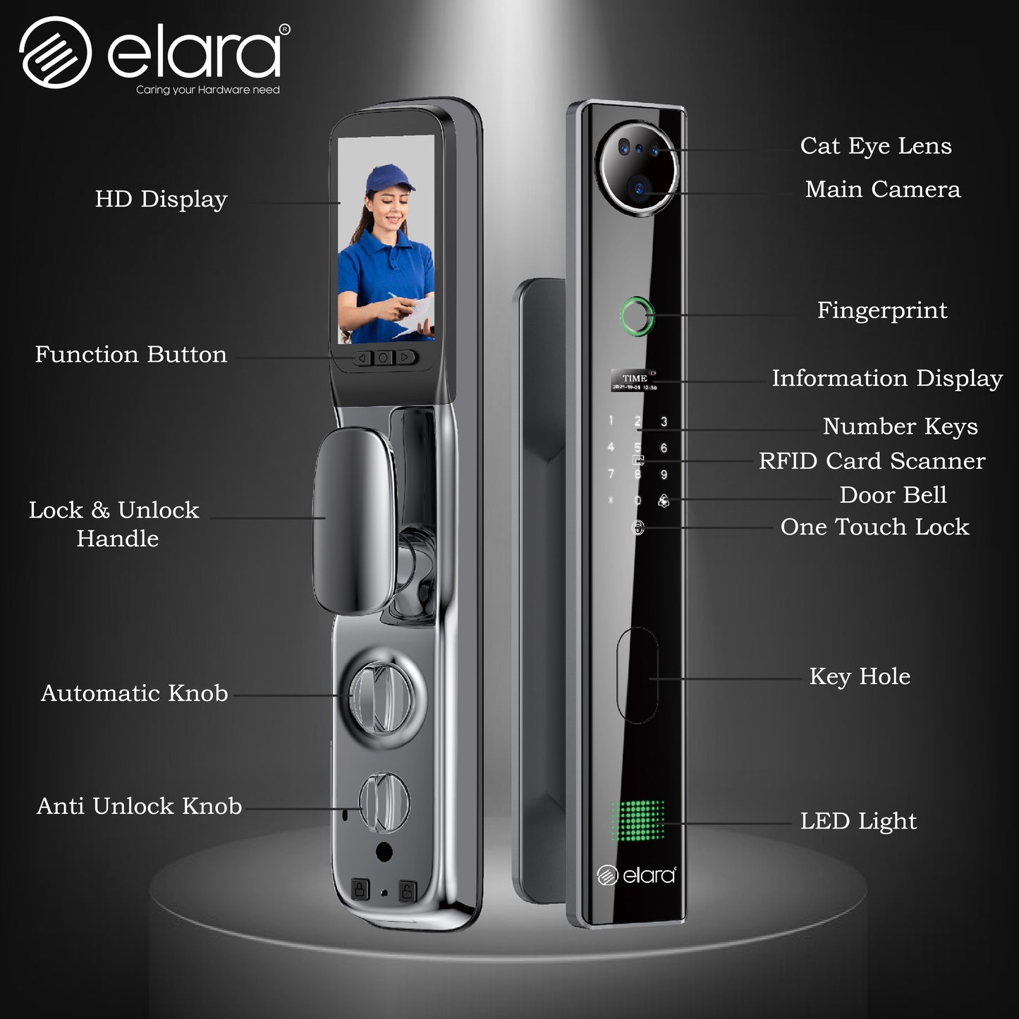 Elara Apex Pro Smart Door Lock, HD Display, Camera, Fingerprint, RFID Card Scanner, Pin Unlock, One Touch Lock, LED Light, Alarm Alert, Bluetooth & WiFi, Black (Apex Pro)