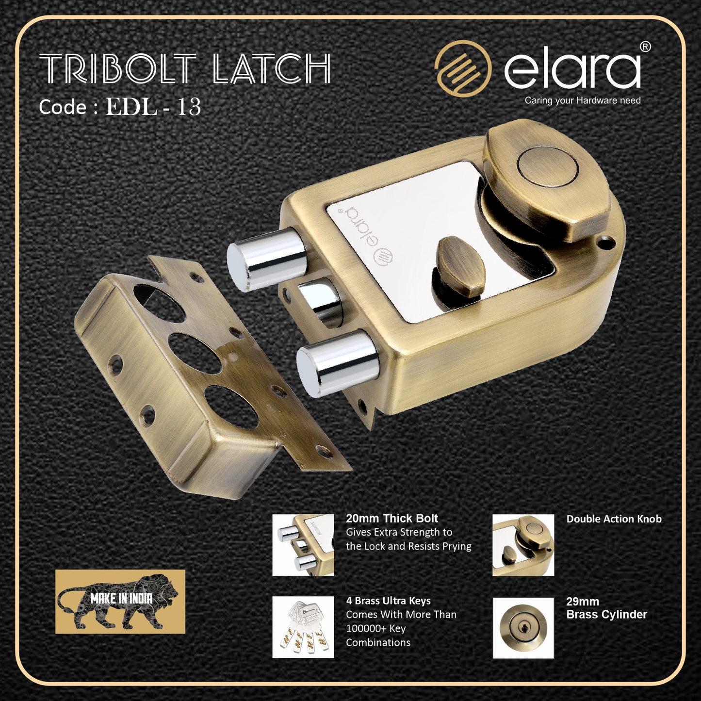 Elara Tribolt Latch Deadbolt for Main Door, Suitable for Right and Left Handed Doors, Inside Opening Wooden Door Lock with 4 Reversible Brass Keys (Antique Finish, EDL-13, Tri Bolt, Ultra Key)