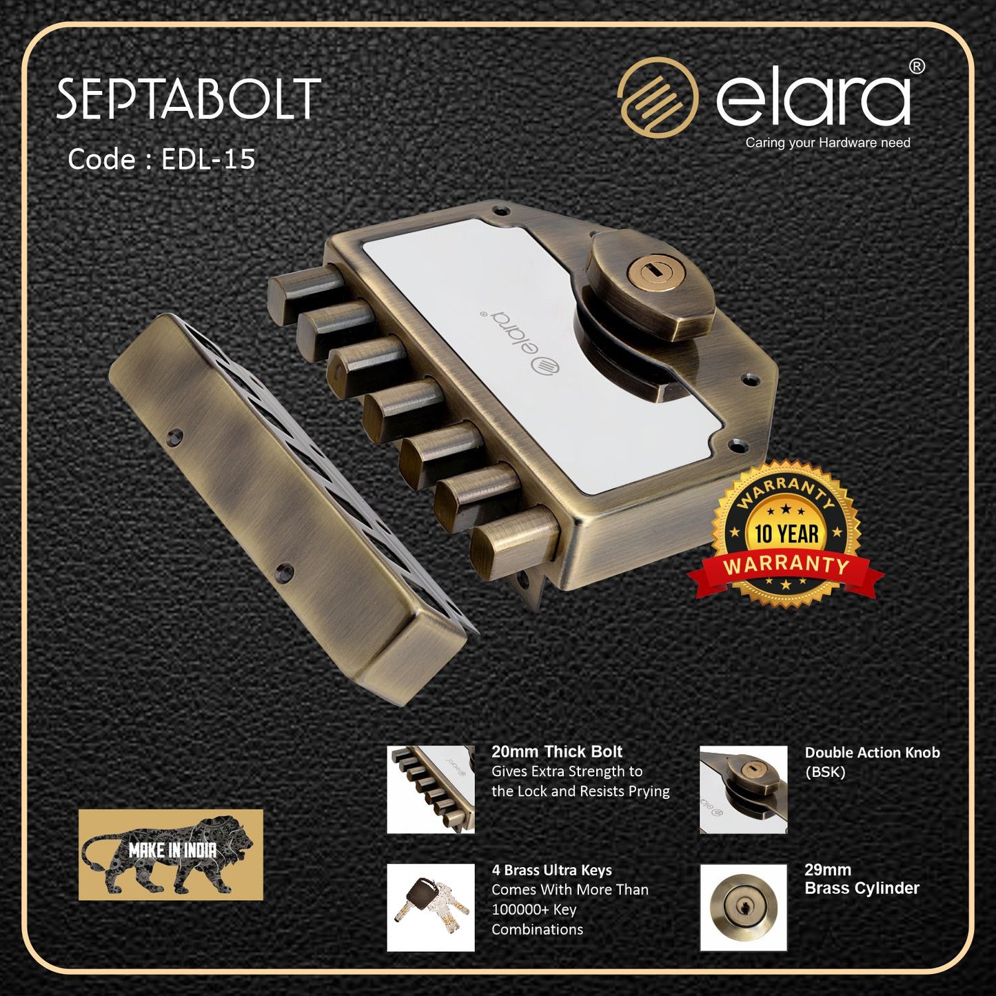 Elara Deadbolt Septabolt 2CK Door Lock, Rim Lock, Dead Bolt for Home, Door locks for main door with 4 Reversible Brass Keys (Antique, EDL-15, Septabolt, Ultra Key)