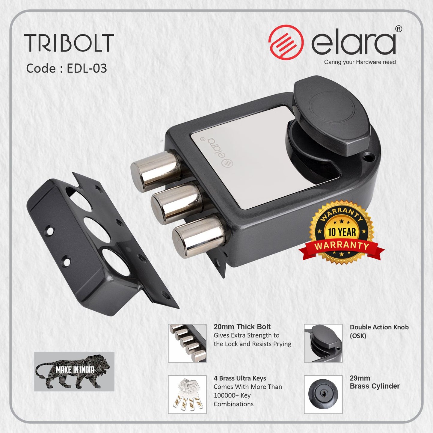 Elara Tribolt 1CK Deadbolt for Main Door, Suitable for Wooden Doors, Inside Opening Wooden Door Lock with 4 Reversible Brass Keys (Black Silver Finish, EDL-11, Tri Bolt, Ultra Key)