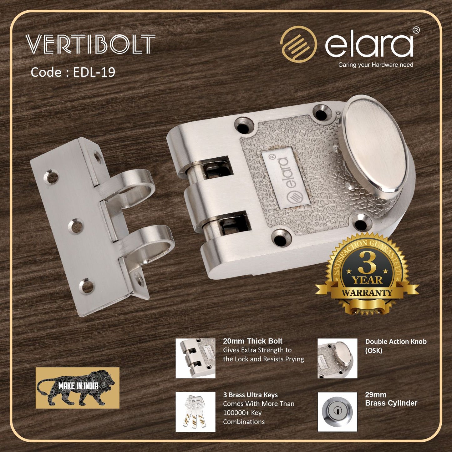 Elara Vertibolt 1CK Deadbolt for Main Door, Suitable for Right and Left Handed Doors, Inside Opening Wooden Door Lock with 3 Reversible Brass Keys (Stainless Steel, EDL-19, Ultra Key)