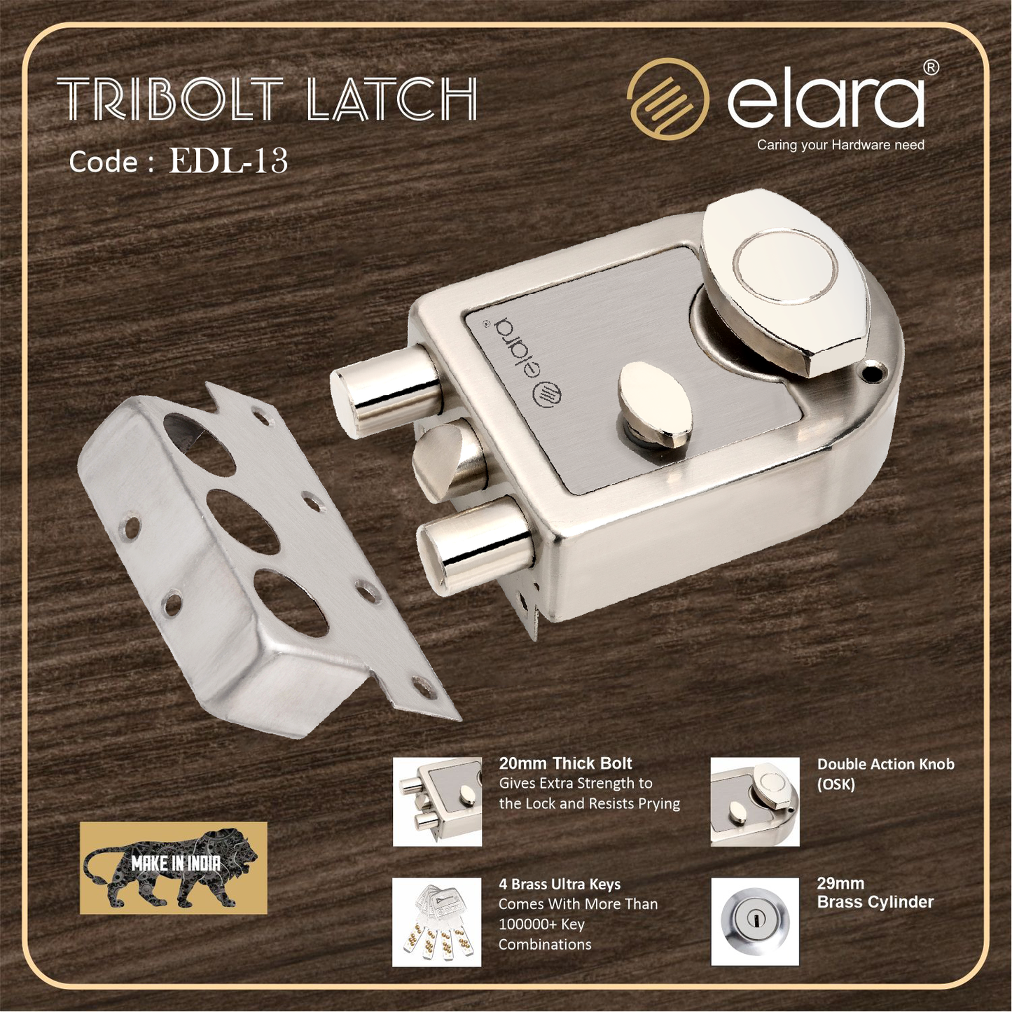 Elara Tribolt Latch Deadbolt for Main Door, Suitable for Right and Left Handed Doors, Inside Opening Wooden Door Lock with 4 Reversible Brass Keys EDL-13 Tribolt (SS Finish)