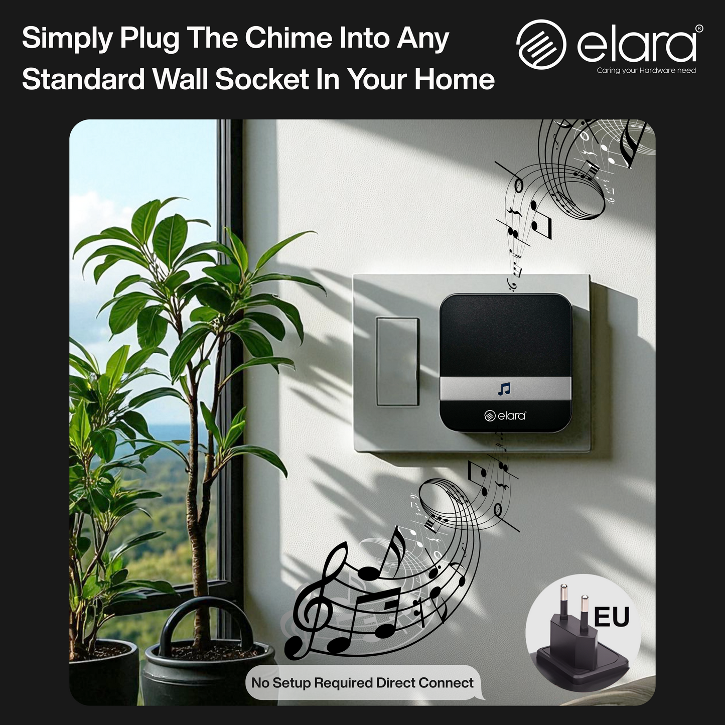 Elara Smart Video Doorbell 2K, 1080p HD Camera, Night Vision, IP65 Water-Resistant, Live Streaming, Plug and Play Chime WiFi, Dual Power Options, PIR Sensor