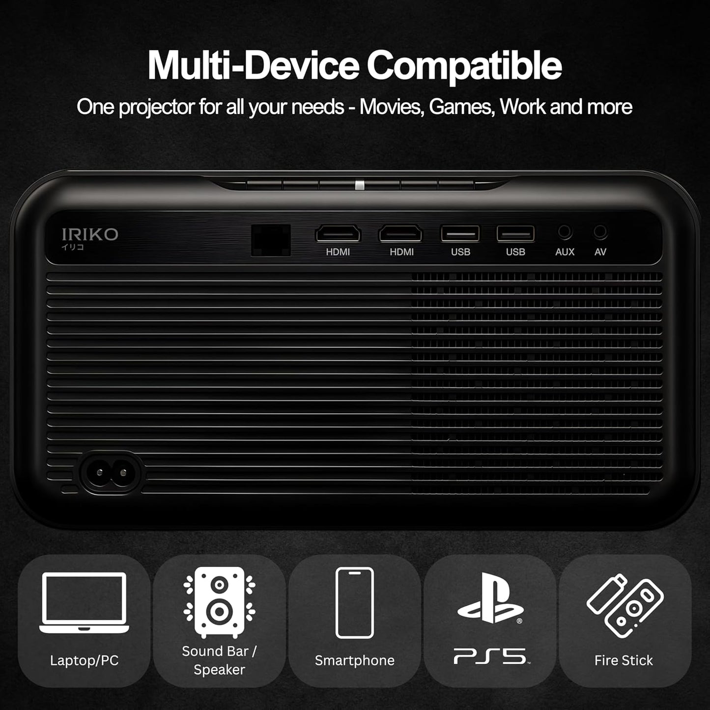 Elara IRIKO PRIZM MAX Full HD 1080P 4K Supports 1500 ANSI Android Projector with Upto 300" Display, 32GB+2GB, WiFi, BT, Multi-Device Compatibility Auto Focus, Keystone, Home & Gaming Projector Black