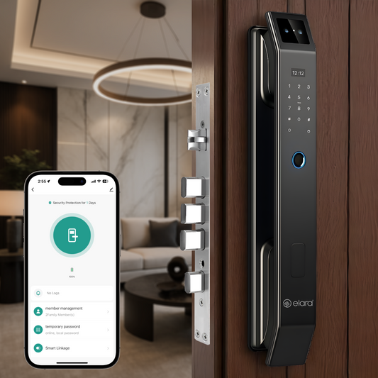 Elara Apex Lite Smart Door Lock, HD Display, Camera, Fingerprint, RFID Card Scanner, Pin Unlock, One Touch Lock, LED Light, Alarm Alert, Bluetooth & WiFi, Black,