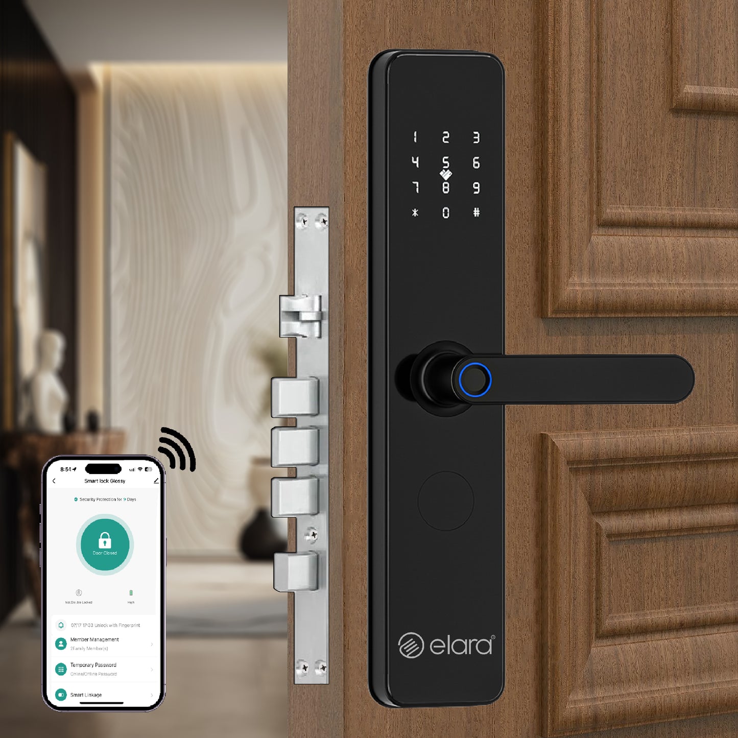 Elara Echo Pro Smart Door Lock, Fingerprint, Card, App, OTP, Keys, PIN Unlock, Alarm Alert, Bluetooth & WiFi. (Echo Pro)