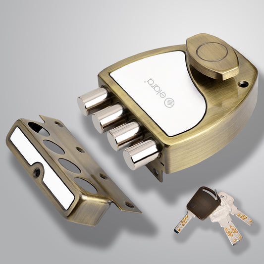 Elara Quadbolt 1CK Deadbolt for Main Door, Suitable for Right and Left Handed Doors, Inside Opening Wooden Door Lock with 4 Reversible Brass Keys (Antique, EDL-08, Four Bullet, Ultra Key)