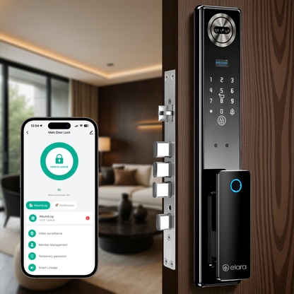 Elara Apex Smart Door Lock, HD Display, Camera, Fingerprint, RFID Card Scanner, Pin Unlock, One Touch Lock, LED Light, Alarm Alert, Bluetooth & WiFi, Black (Apex Edge)