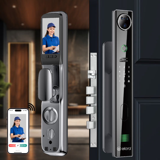 Elara Apex Pro Smart Door Lock, HD Display, Camera, Fingerprint, RFID Card Scanner, Pin Unlock, One Touch Lock, LED Light, Alarm Alert, Bluetooth & WiFi, Black (Apex Pro)