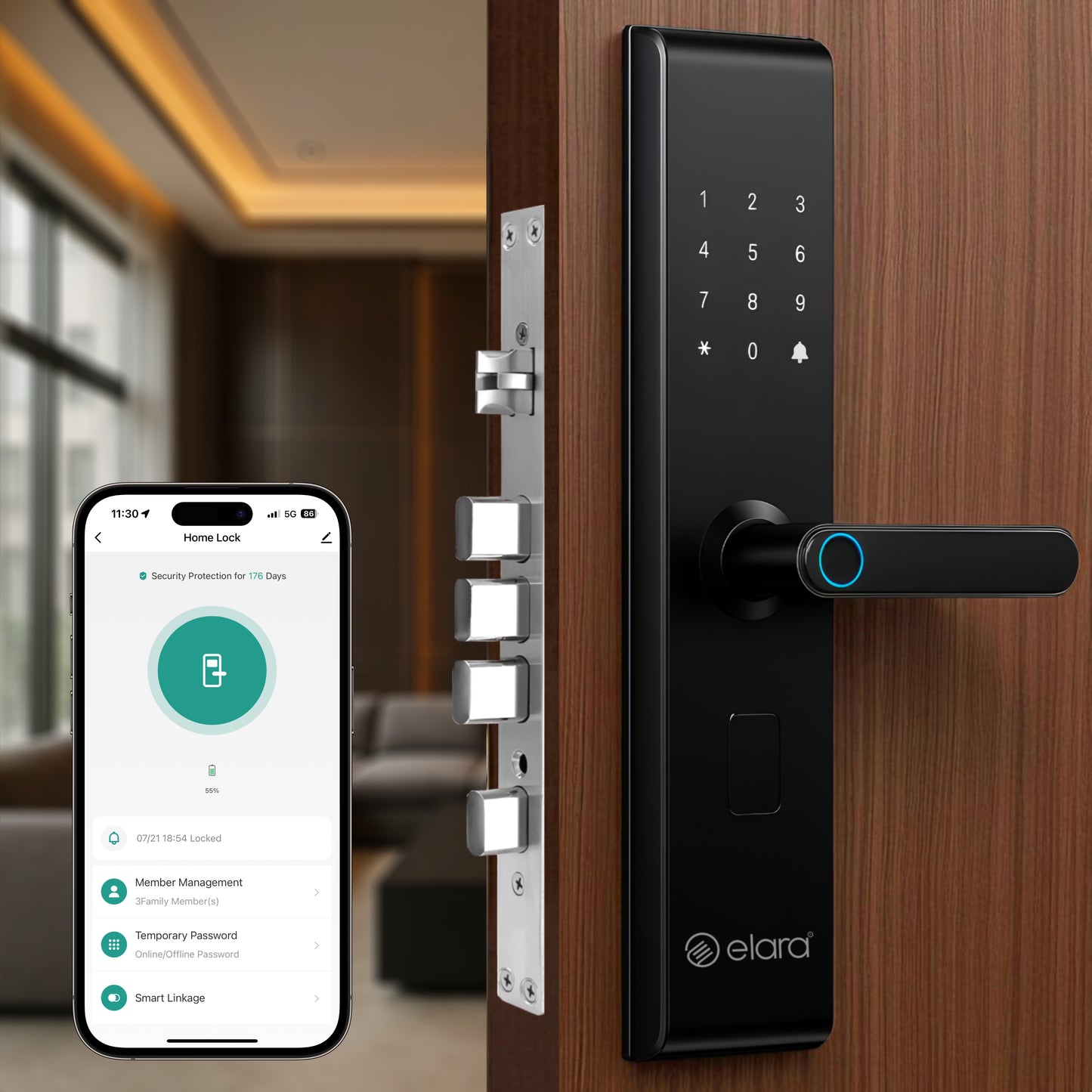 Elara Echo Lite Smart Door Lock, Fingerprint, Card, App, OTP, Keys, PIN Unlock, Alarm Alert, Bluetooth & WiFi, Black