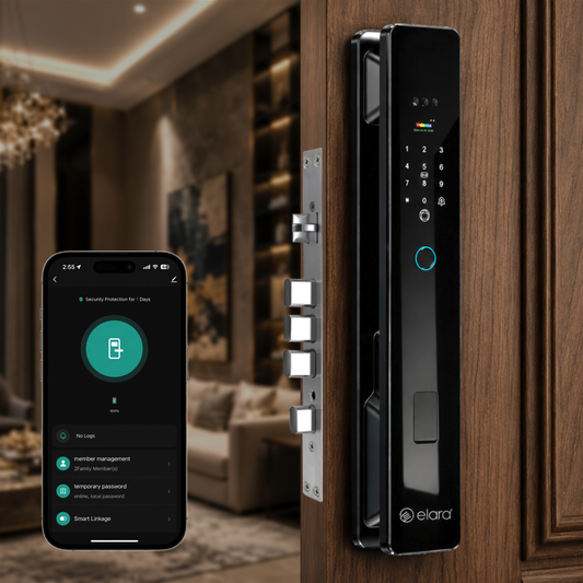 Elara Apex Prime Smart Door Lock, HD Display, Camera, Fingerprint, RFID Card Scanner, Pin Unlock, One Touch Lock, LED Light, Alarm Alert, Bluetooth & WiFi, Black,