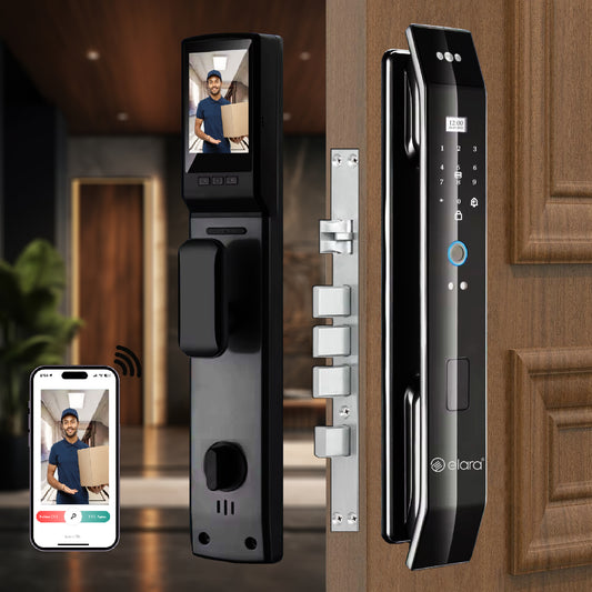 Elara Apex Lite Smart Door Lock, HD Display, Camera, Fingerprint, RFID Card Scanner, Pin Unlock, One Touch Lock, LED Light, Alarm Alert, Bluetooth & WiFi, Black,