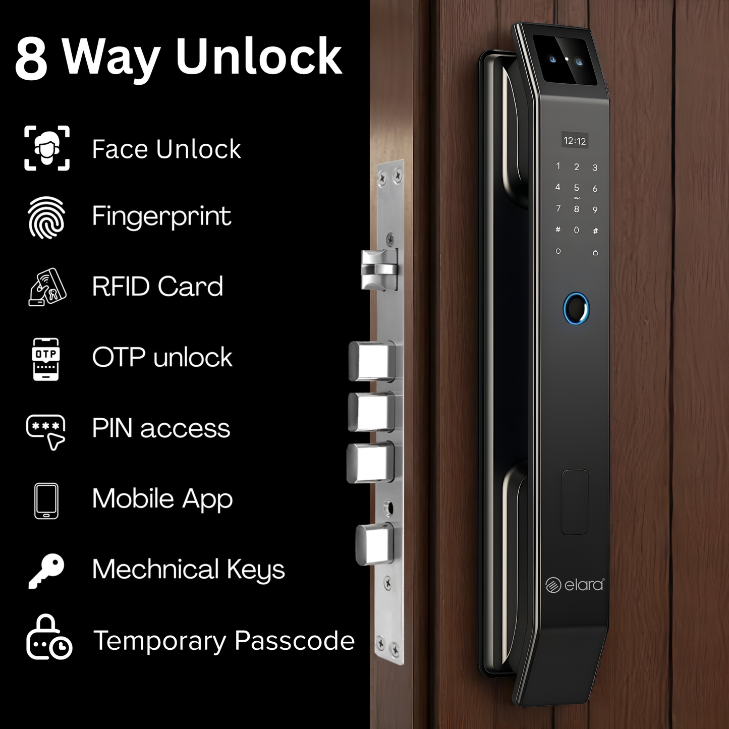 Elara Apex Lite Smart Door Lock, HD Display, Camera, Fingerprint, RFID Card Scanner, Pin Unlock, One Touch Lock, LED Light, Alarm Alert, Bluetooth & WiFi, Black,