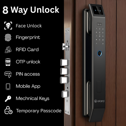 Elara Apex Lite Smart Door Lock, HD Display, Camera, Fingerprint, RFID Card Scanner, Pin Unlock, One Touch Lock, LED Light, Alarm Alert, Bluetooth & WiFi, Black,