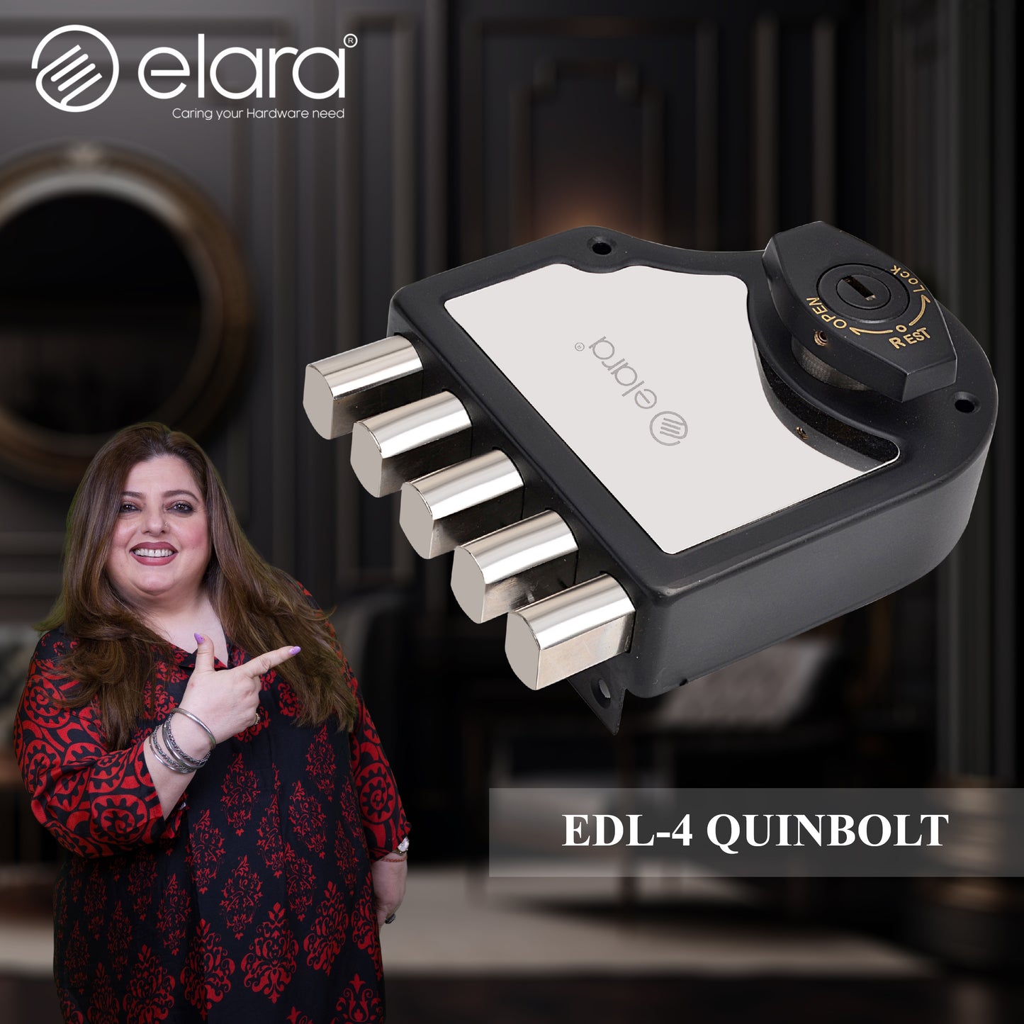 Elara Quinbolt 2CK Deadbolt for Main Door Suitable for Right and Left Handed Doors, Inside Opening Wooden Door Lock with 4 Reversible Brass Keys (Matte Black, EDL-04, Quinbolt, Ultra Key).