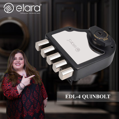 Elara Quinbolt 2CK Deadbolt for Main Door Suitable for Right and Left Handed Doors, Inside Opening Wooden Door Lock with 4 Reversible Brass Keys (Matte Black, EDL-04, Quinbolt, Ultra Key).