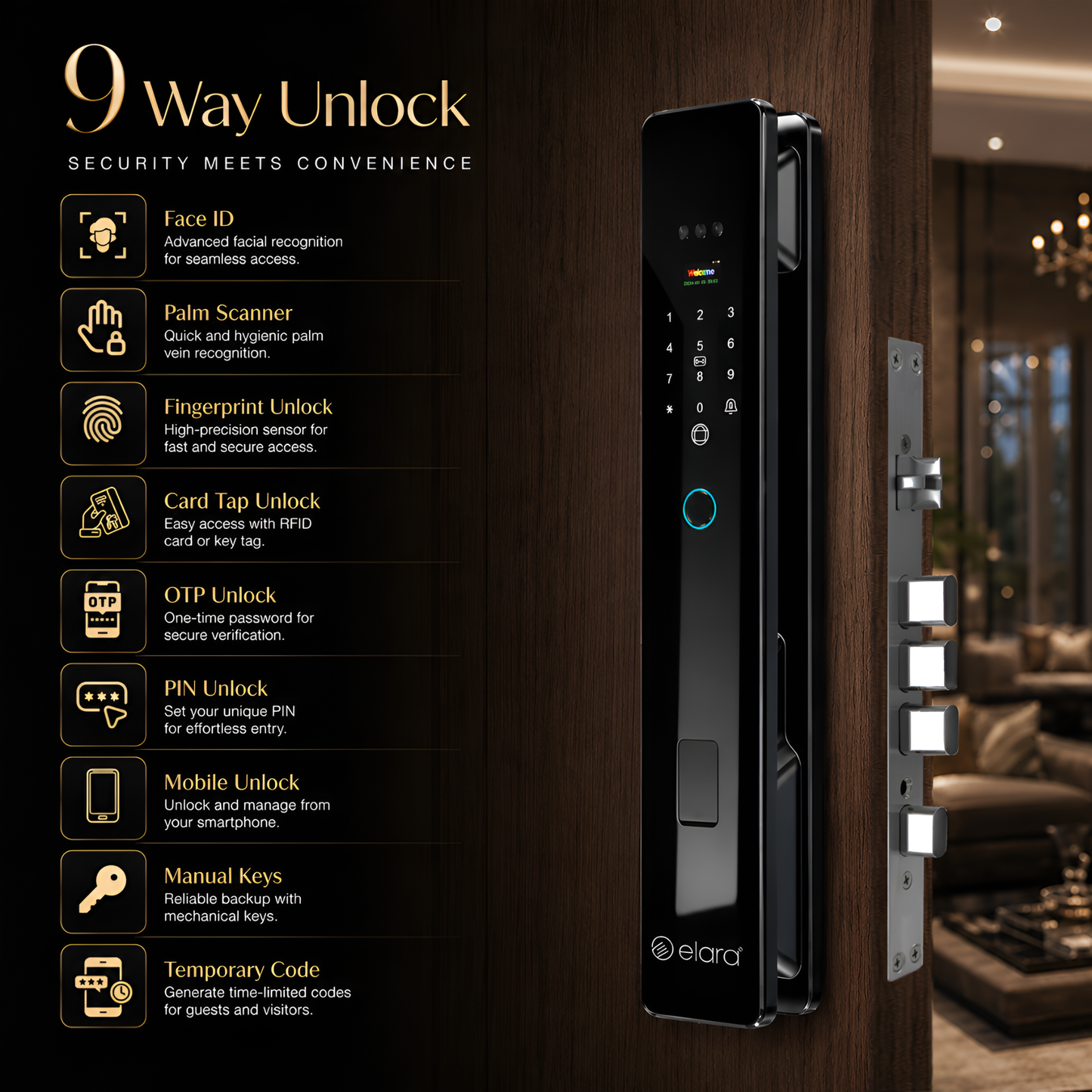 Elara Apex Prime Smart Door Lock, HD Display, Camera, Fingerprint, RFID Card Scanner, Pin Unlock, One Touch Lock, LED Light, Alarm Alert, Bluetooth & WiFi, Black,