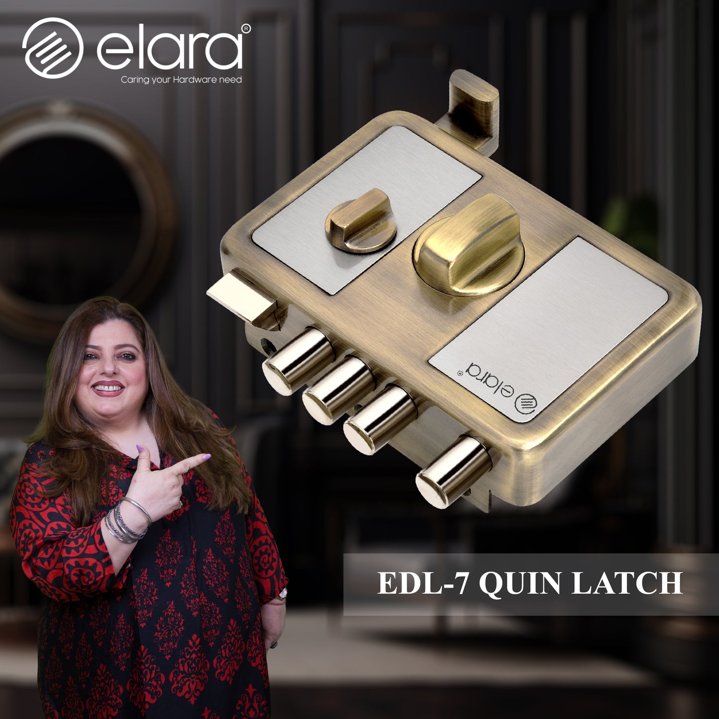 Elara Quin Latch Deadbolt for Main Door, Suitable for Right and Left Handed Doors, Inside Opening Wooden Door Lock with 3 Reversible Brass Keys (Antique Finish, EDL-07)