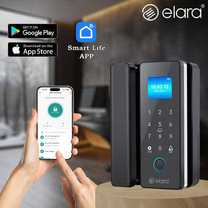 Elara GX-1 Smart Glass Door Lock, Fingerprint, Mobile App, PIN, RFID Card, 10-12 mm Glass Doors