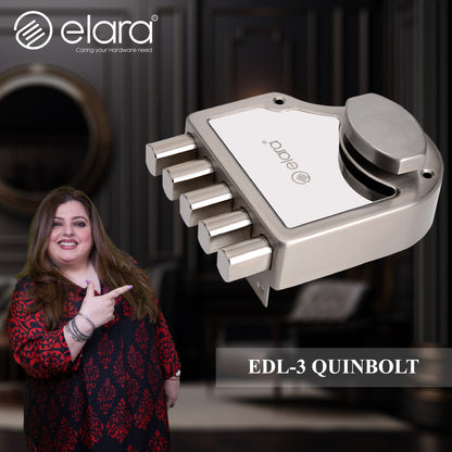 Elara Quinbolt 1CK Deadbolt for Main Door, Suitable for Wooden Doors, Inside Opening Wooden Door Lock with 4 Reversible Brass Keys (Stainless Steel, EDL-03, Quinbolt, Ultra Key).