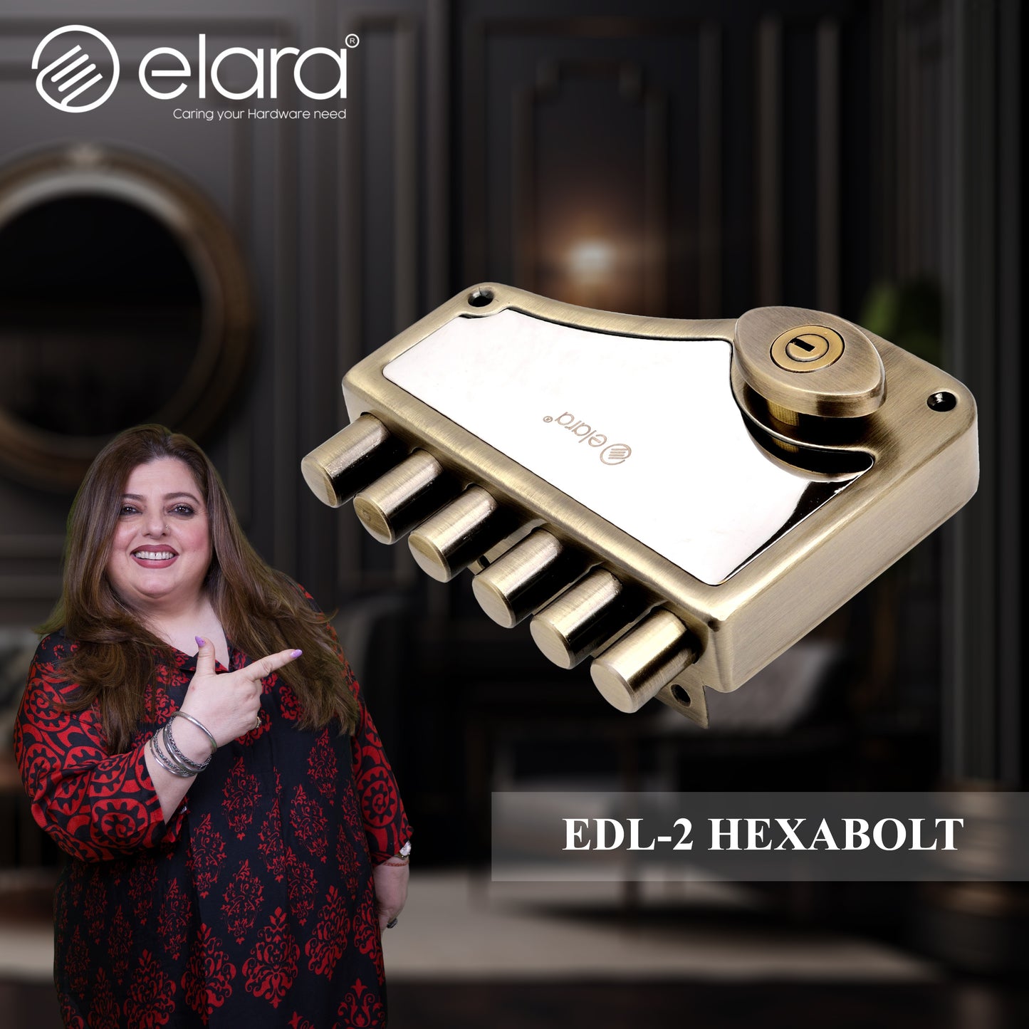 Elara Deadbolt Hexabolt 2CK Door Lock for Main Door, Deadbolt, Rim Latch Inside Opening Door Lock with 4 Reversible Brass Keys (Antique, EDL-02, Hexabolt, Ultra Key)