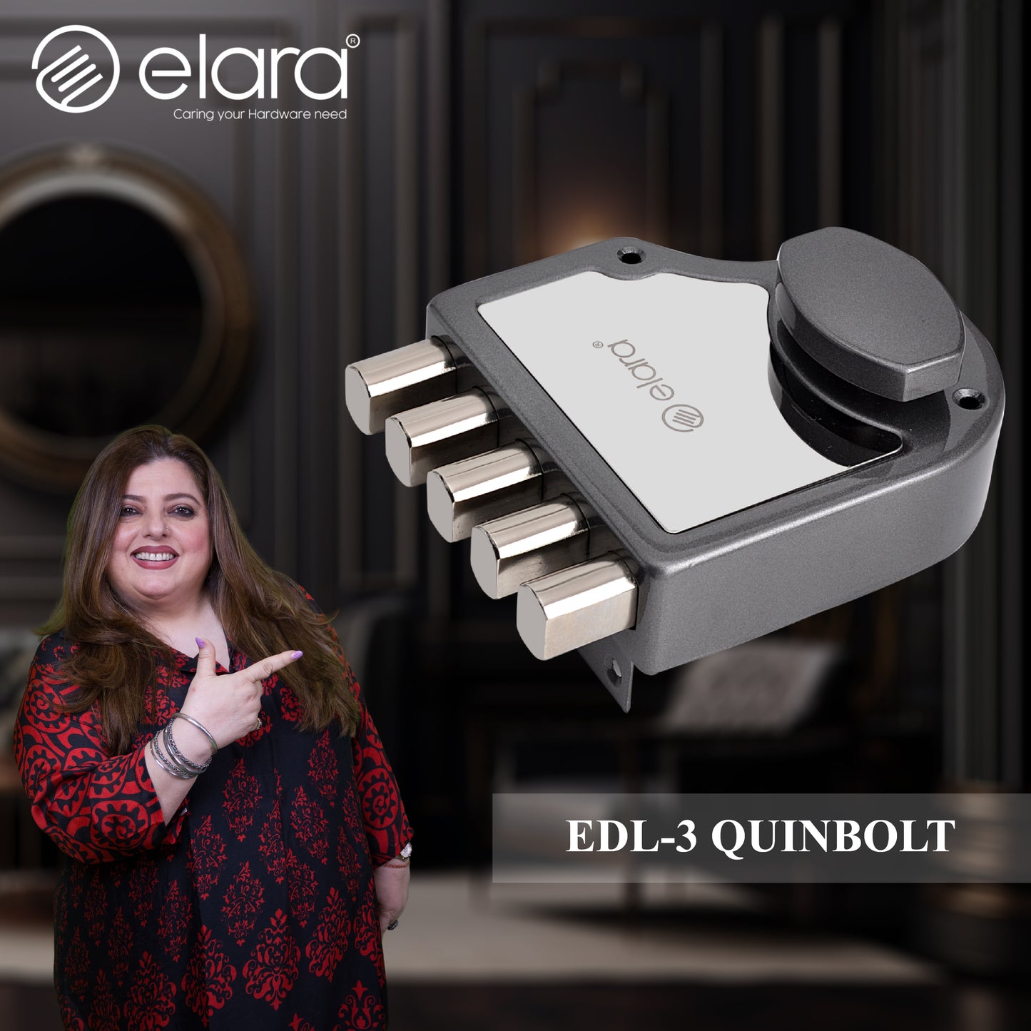 Elara Quinbolt 1CK Deadbolt for Main Door, Suitable for Wooden Doors, Inside Opening Wooden Door Lock with 4 Reversible Brass Keys (Black Silver, EDL-03, Quinbolt, Ultra Key)