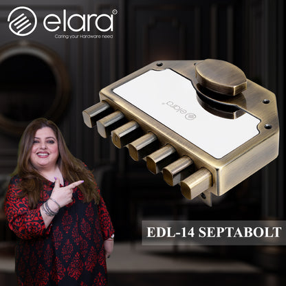 Elara Septabolt 1CK Deadbolt for Main Door, Suitable for Right and Left Handed Doors, Inside Opening Wooden Door Lock with 4 Reversible Brass Keys (EDL-14 Antique, Main Door Locks, Ultra Key)