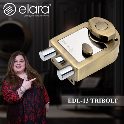 Elara Tribolt Latch Deadbolt for Main Door, Suitable for Right and Left Handed Doors, Inside Opening Wooden Door Lock with 4 Reversible Brass Keys (Antique Finish, EDL-13, Tri Bolt, Ultra Key)