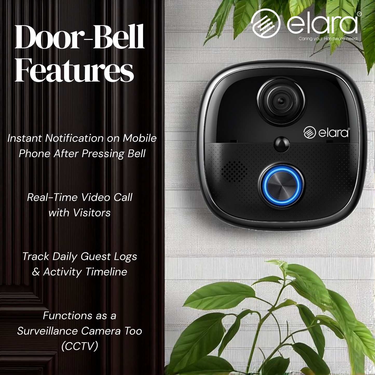 Elara Smart Video Doorbell 2K, 1080p HD Camera, Night Vision, IP65 Water-Resistant, Live Streaming, Plug and Play Chime WiFi, Dual Power Options, PIR Sensor