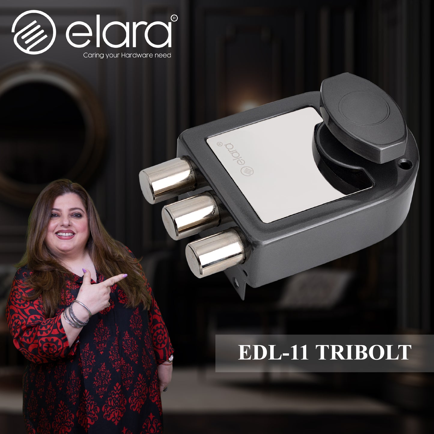 Elara Tribolt 1CK Deadbolt for Main Door, Suitable for Wooden Doors, Inside Opening Wooden Door Lock with 4 Reversible Brass Keys (Black Silver Finish, EDL-11, Tri Bolt, Ultra Key)