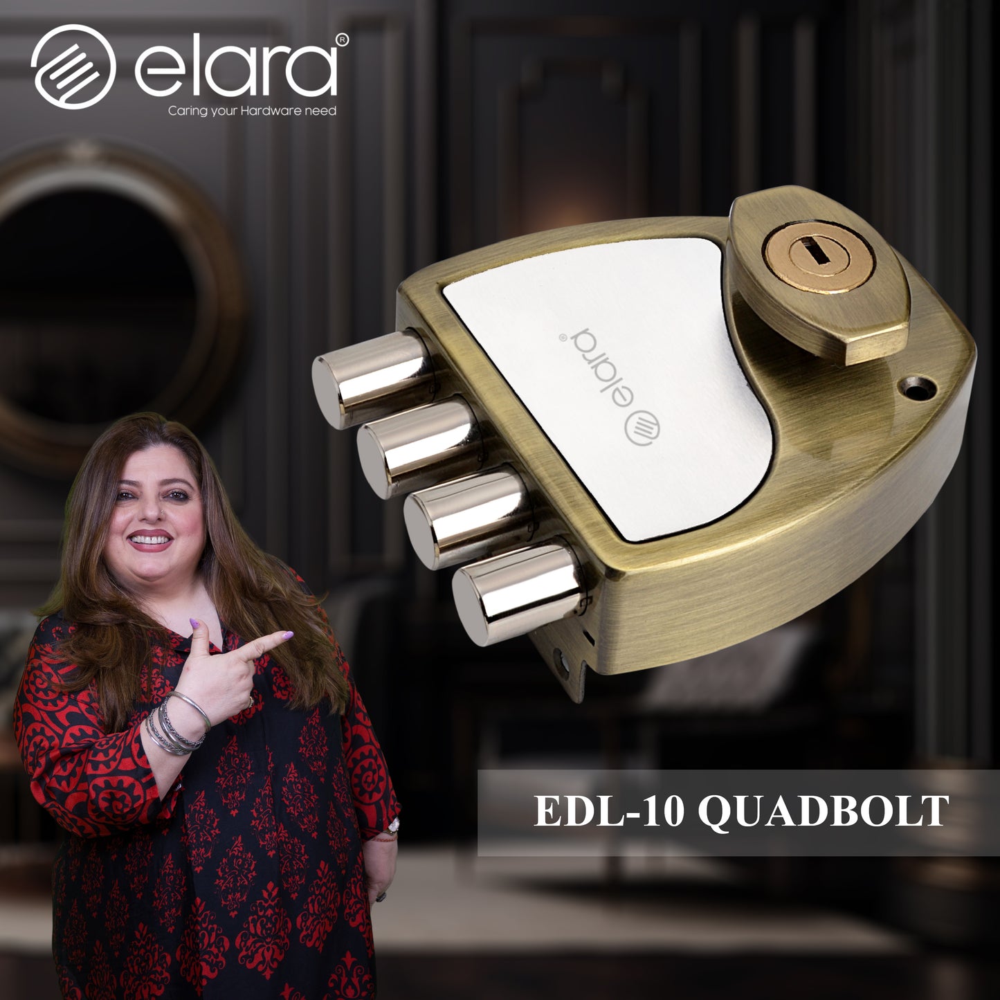 Elara Quadbolt 2CK Deadbolt for Main Door, Suitable for Right and Left Handed Doors, Inside Opening Door Lock with 4 Reversible Brass Keys (Antique, EDL-10, Four Bullet, Ultra Key)