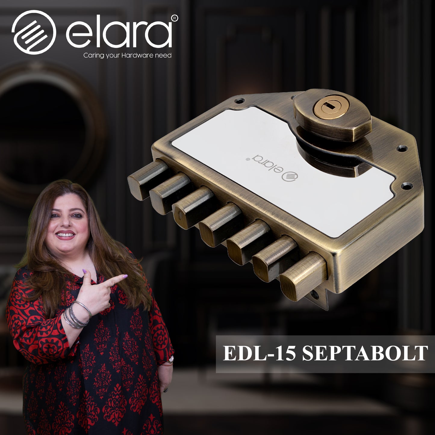 Elara Deadbolt Septabolt 2CK Door Lock, Rim Lock, Dead Bolt for Home, Door locks for main door with 4 Reversible Brass Keys (Antique, EDL-15, Septabolt, Ultra Key)