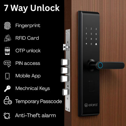 Elara Echo Lite Smart Door Lock, Fingerprint, Card, App, OTP, Keys, PIN Unlock, Alarm Alert, Bluetooth & WiFi, Black