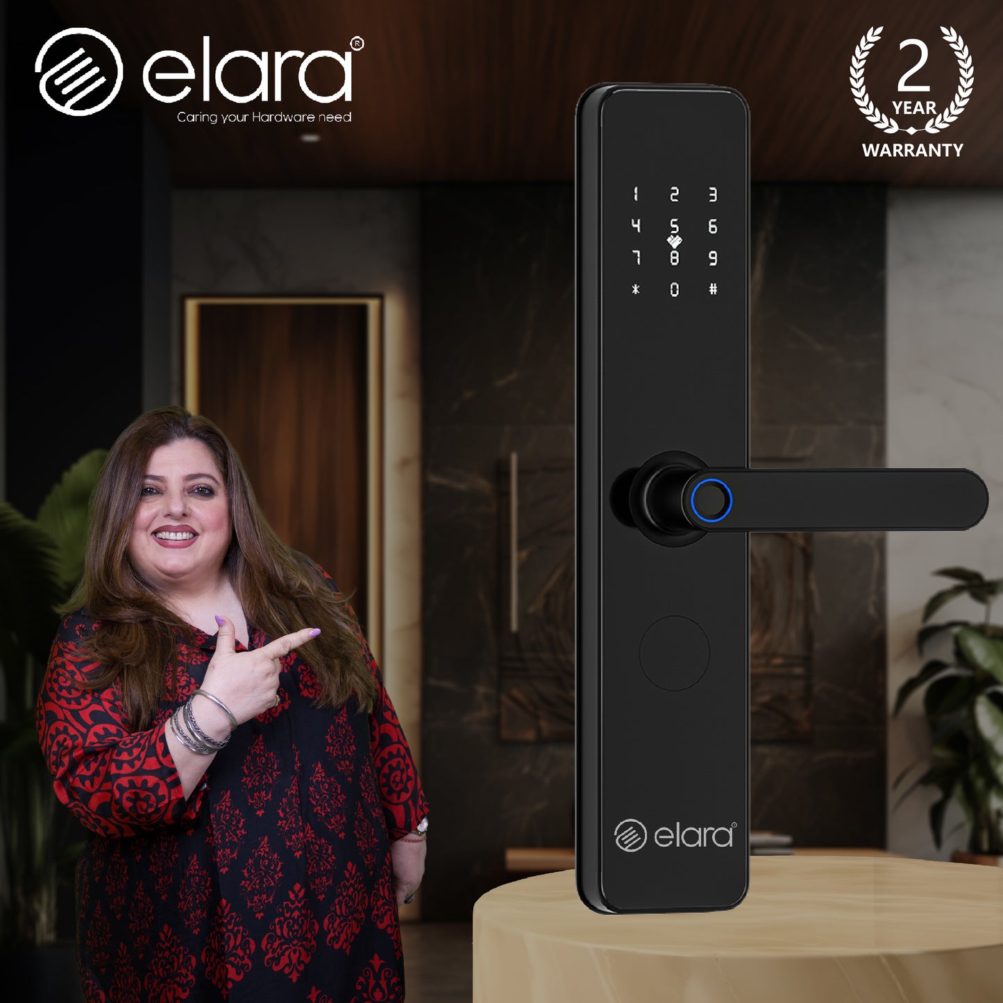 Elara Echo Pro Smart Door Lock, Fingerprint, Card, App, OTP, Keys, PIN Unlock, Alarm Alert, Bluetooth & WiFi. (Echo Pro)