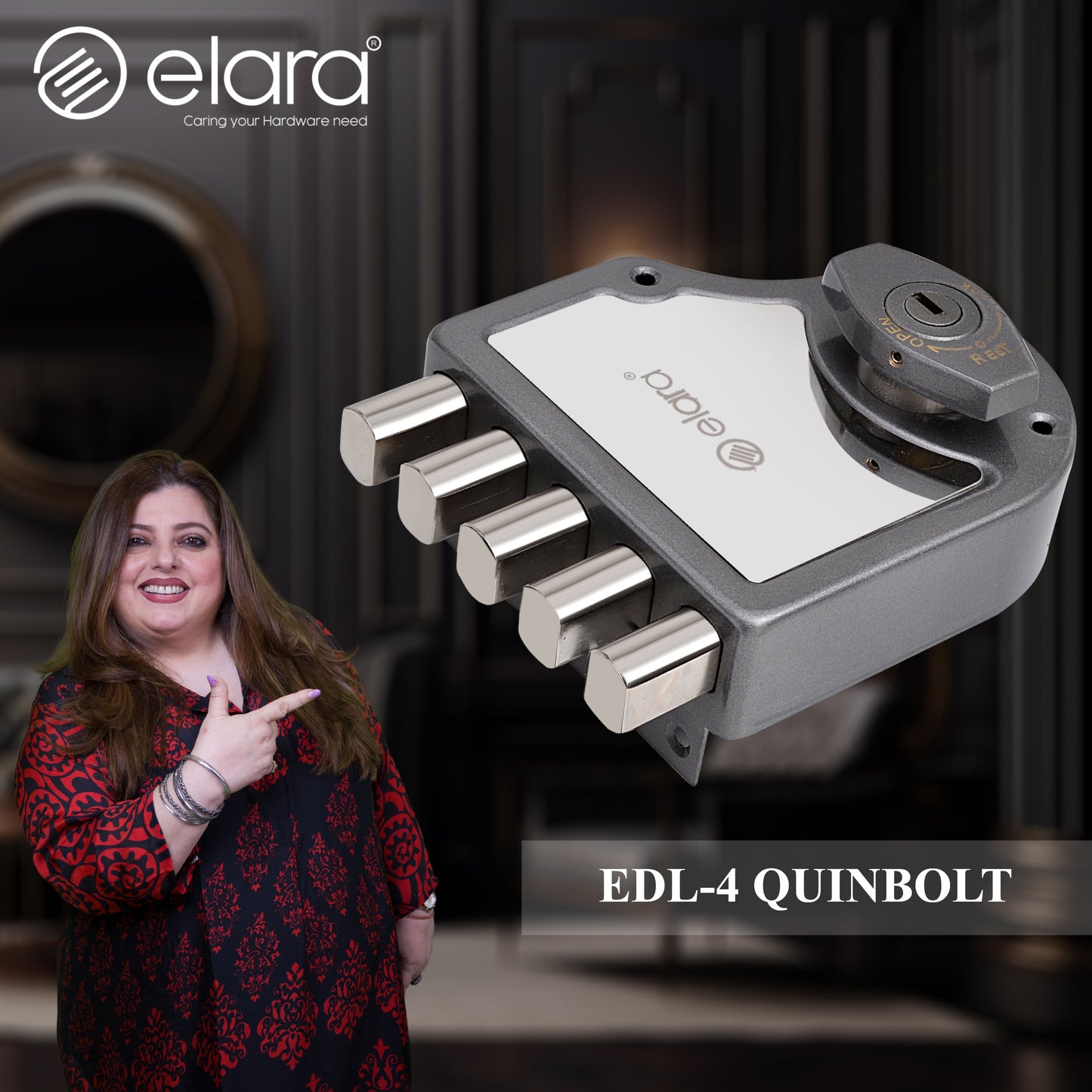 Elara Quinbolt 2CK Deadbolt for Main Door Suitable for Right and Left Handed Doors, Inside Opening Wooden Door Lock with 4 Reversible Brass Keys (Black Silver, EDL-04 Quinbolt, Ultra Key)