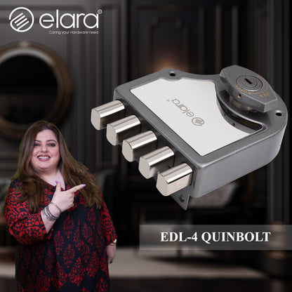 Elara Quinbolt 2CK Deadbolt for Main Door Suitable for Right and Left Handed Doors, Inside Opening Wooden Door Lock with 4 Reversible Brass Keys (Black Silver, EDL-04 Quinbolt, Ultra Key)