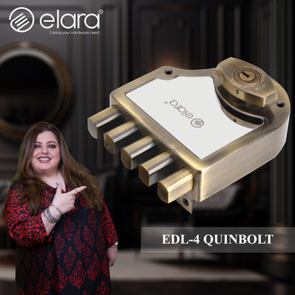 Elara Quinbolt 2CK Deadbolt for Main Door, Suitable for Right and Left Handed Doors, Inside Opening Wooden Door Lock with 4 Reversible Brass Keys (Anitique, EDL-04, Quinbolt, Ultra Key)
