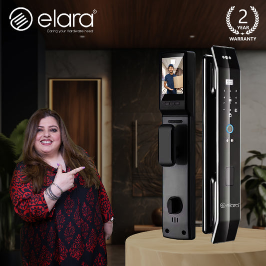 Elara Apex Lite Smart Door Lock, HD Display, Camera, Fingerprint, RFID Card Scanner, Pin Unlock, One Touch Lock, LED Light, Alarm Alert, Bluetooth & WiFi, Black,