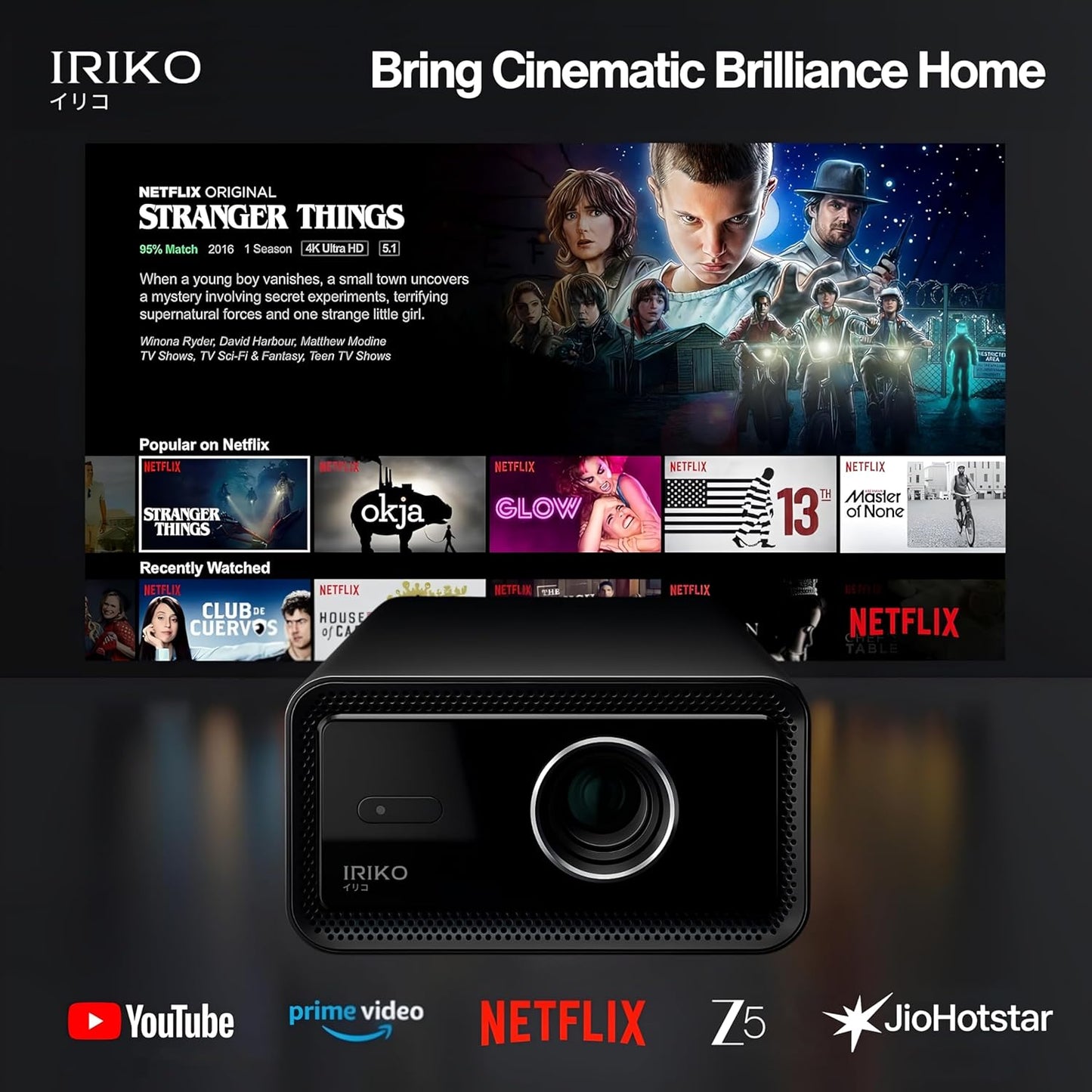 Elara IRIKO PRIZM MAX Full HD 1080P 4K Supports 1500 ANSI Android Projector with Upto 300" Display, 32GB+2GB, WiFi, BT, Multi-Device Compatibility Auto Focus, Keystone, Home & Gaming Projector Black
